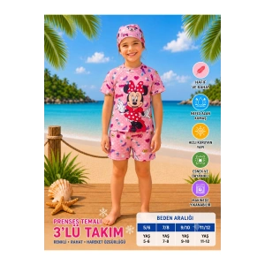 Kız Çocuk UV Korumalı Mayo Takımı Şapkalı 3 Parça