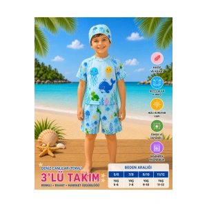 Erkek Çocuk Lacivert Şapkalı Mayo Takımı - 3 Parça