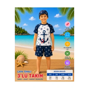 Erkek Çocuk Beyaz Şapkalı Mayo Takımı - 3 Parça