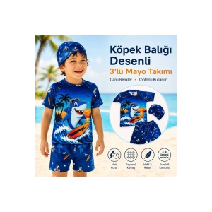 Erkek Çocuk Köpek Balığı Desenli 3’lü Mayo Takımı Deniz Şortu Tişört Bone Seti