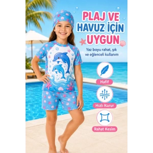 Kız Çocuk Yunus Desenli 3’lü Plaj Takımı Şortlu Mayo Seti Bone Dahil