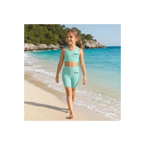 Kız Çocuk Mint Yeşili Crop Üst ve Uzun Şortlu Mayo Takımı - 2 Parça