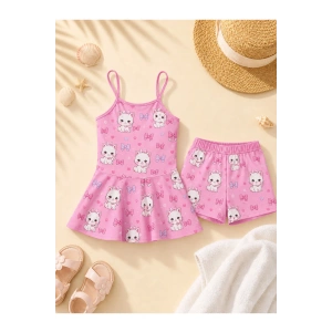 Kız Çocuk Pembe Kedi Desenli Askılı Etek Görünümlü Şortlu İkili Takım