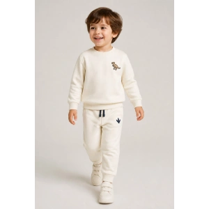 Erkek Çocuk Krem Dinozor Nakışlı Pamuklu 2 İplik Sweatshirt ve Lastik Paçalı Eşofman Takımı