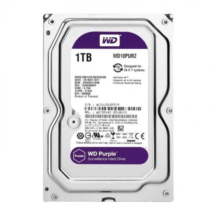 1 TB WD 3.5 PURPLE SATA3 5400RPM 64MB 7/24 GUVENLIK WD10PURZ (3 YIL RESMI DIST GARANTILI)