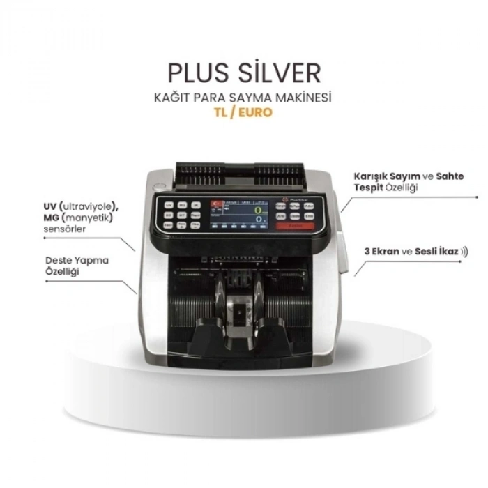 Plus Silver TL / EURO  Kağıt Para Sayma Makinesi - Gri / Siyah Renk