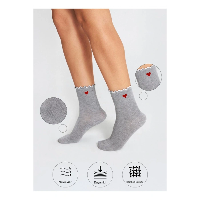 Bambu Kadın Fırfırlı Lastiksiz Kalp Desenli Kadın Soket 3Lü Gri Çorap/İz Bırakmaz /Sıkmayan Çorap