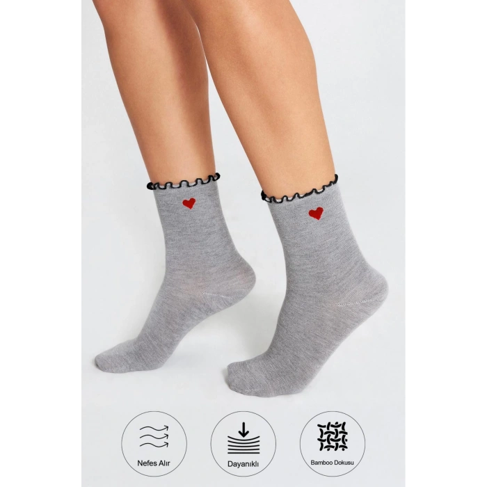 Bambu Kadın Siyah Fırfırlı Lastiksiz Kalp Desenli Kadın Soket 3Lü Gri Çorap/İzBırakmaz/SıkmayanÇorap