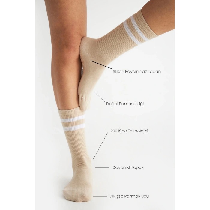 Bambu Kadın Krem Kaydırmaz Taban Silikon Baskı Yoga Fitness Pilates Bale Dans Tenis Çorabı 3lü