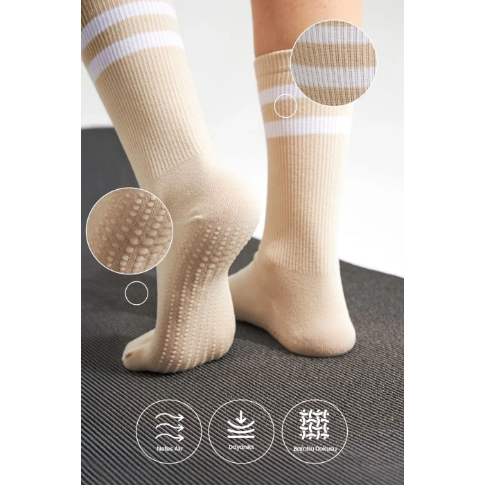 Bambu Kadın Krem Kaydırmaz Taban Silikon Baskı Yoga Fitness Pilates Bale Dans Tenis Çorabı 3lü
