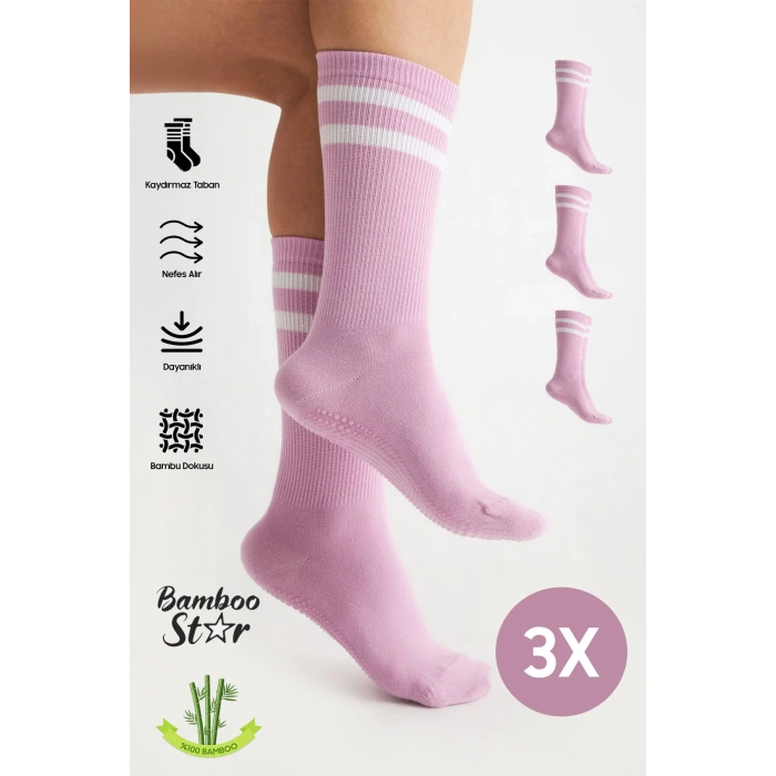 Bambu Kadın Lila Kaydırmaz Taban Silikon Baskı Yoga Fitness Pilates Bale Dans Tenis Çorabı 3lü