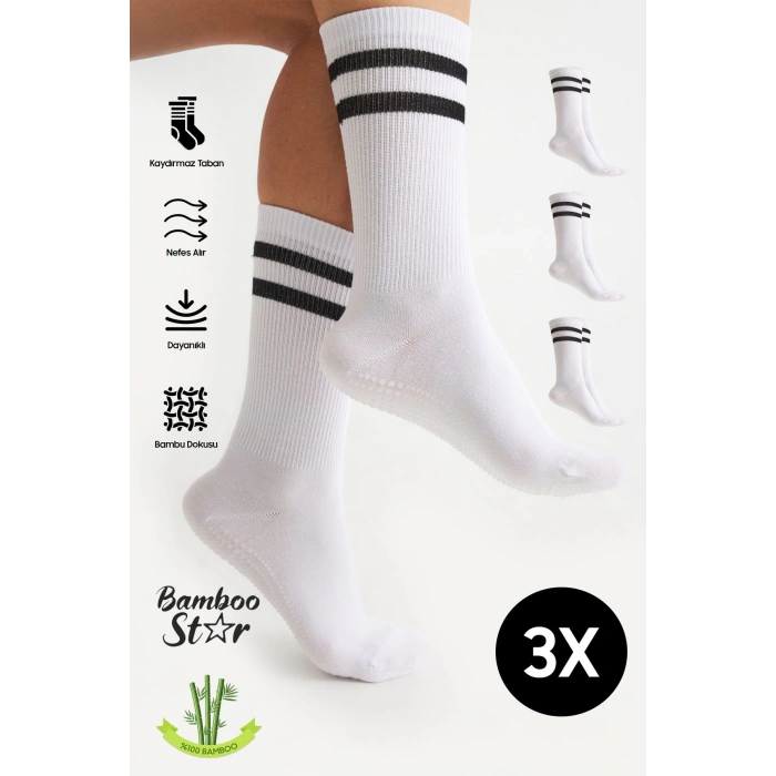 Bambu Kadın Beyaz Kaydırmaz Taban Silikon Baskı Yoga Fitness Pilates Bale Dans Tenis Çorabı 3lü