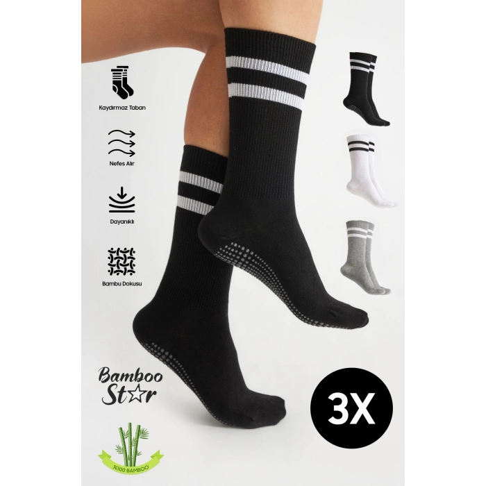 Bambu Kadın Kaydırmaz Taban Silikon Baskı Yoga Fitness Pilates Bale Dans Kaymaz Tenis Çorabı 3lü