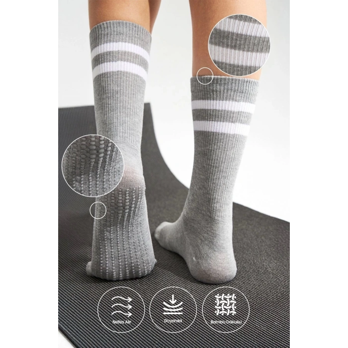 Bambu Kadın Kaydırmaz Taban Silikon Baskı Yoga Fitness Pilates Bale Dans Kaymaz Tenis Çorabı 3lü