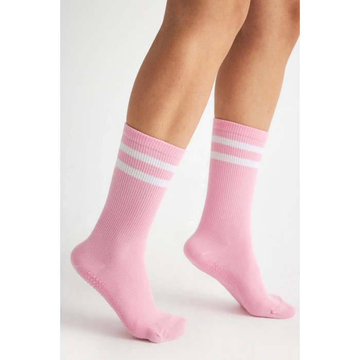 Bambu Kadın Pembe Kaydırmaz Taban Silikon Baskı Yoga Fitness Pilates Bale Dans Tenis Çorabı