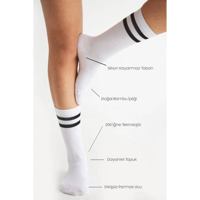 Bambu Kadın Beyaz Kaydırmaz Taban Silikon Baskı Yoga Fitness Pilates Bale Dans Tenis Çorabı