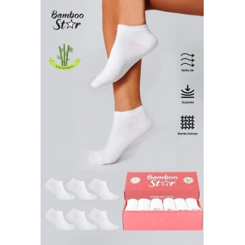 Bambu Kadın Patik Düz Beyaz Çorap Dikişsiz Premium Kutulu 6lı