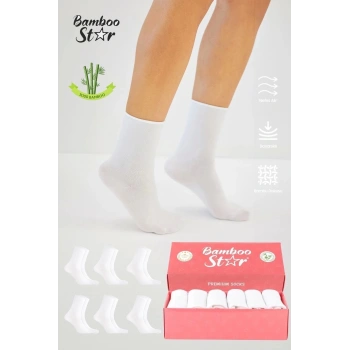 Bambu Kadın Lastiksiz Beyaz Soket Dikişsiz Premium Çorap 6lı Paket Sıkmayan Çorap - Iz Bırakmaz