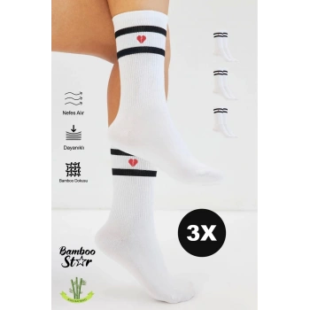Bambu Kadın Kalp Desenli Tenis Çizgili Premium Kolej Çorabı Beyaz Dikişsiz Soket Çorap 3lü Paket