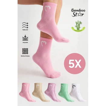 Bambu Kadın Kalp Desenli Uzun Soket Dikişsiz Premium Tenis Çorap 5 Li Paket