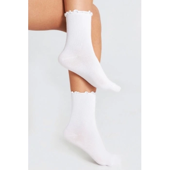 Bambu Kadın Lastiksiz Beyaz Fırfırlı Lastiksiz Dikişsiz Kadın Soket Çorap/İz Bırakmaz/Sıkmayan Çorap