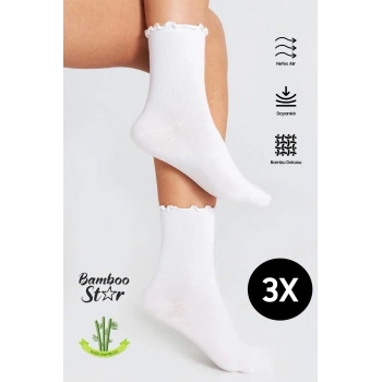 Bambu Kadın Beyaz Fırfırlı Lastiksiz Dikişsiz Kadın Soket 3Lü Beyaz Çorap/İz Bırakmaz /SıkmayanÇorap