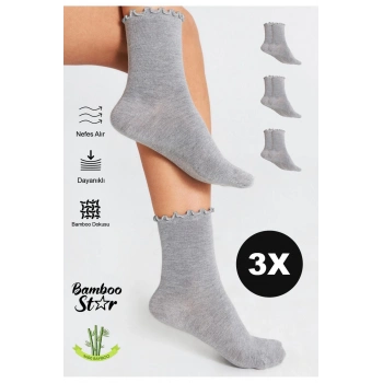 Bambu Kadın Gri Fırfırlı Lastiksiz Dikişsiz Kadın Soket 3Lü Gri Çorap/İz Bırakmaz /SıkmayanÇorap