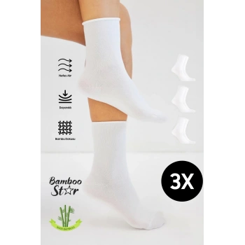Bambu Kadın Lastiksiz Beyaz Soket Dikişsiz Premium Çorap 3lü Paket / Sıkmayan Çorap / İz Bırakmaz