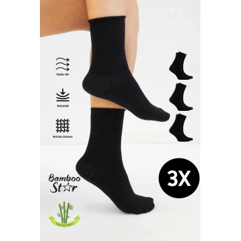 Bambu Kadın Lastiksiz Siyah Soket Dikişsiz Premium Çorap 3lü Paket / Sıkmayan Çorap / İz Bırakmaz