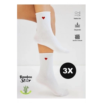 Bambu Kadın Kalp Desenli Lastiksiz Beyaz Soket Dikişsiz Çorap 3lü Paket/ Sıkmayan Çorap/İz Bırakmaz