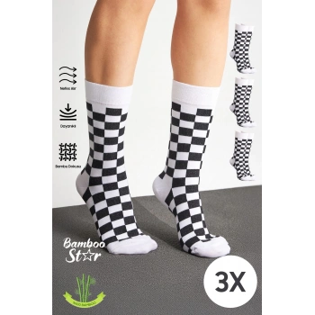 Bambu Kadın Kareli  Premium Kolej Çorabı  Dikişsiz Soket Çorap 3lü Paket