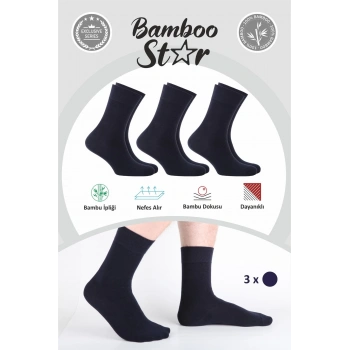 Bambu Erkek Soket Uzun Düz Lacivert Dikişsiz 3Lü Premium Kutulu Çorap