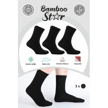 Bambu Erkek Soket Uzun Düz Siyah Dikişsiz 3Lü Premium Kutulu Çorap
