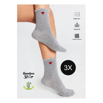 Bambu Kadın Fırfırlı Lastiksiz Kalp Desenli Kadın Soket 3Lü Gri Çorap/İz Bırakmaz /Sıkmayan Çorap