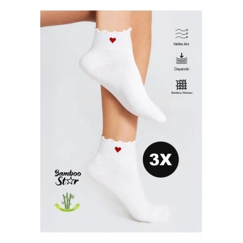 Bambu Kadın Kalp Desenli Fırfırlı Patik Lastiksiz Dikişsiz 3Lü Beyaz Çorap