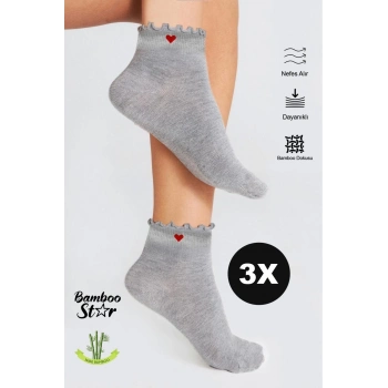 Bambu Kadın Kalp Desenli Fırfırlı Patik Lastiksiz Dikişsiz Gri Çorap 3Lü Paket