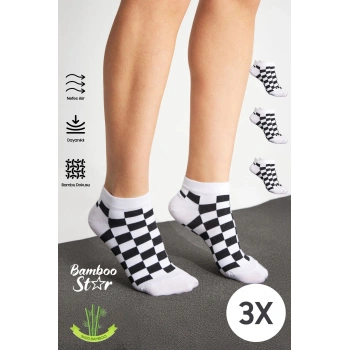 Bambu Kadın Siyah Beyaz Kare Desenli Patik Dikişsiz Premium Çorap 3 Lü Paket