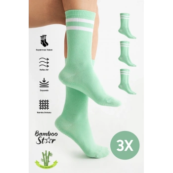 Bambu Kadın Yeşil Kaydırmaz Taban Silikon Baskı Yoga Fitness Pilates Bale Dans Tenis Çorabı 3lü