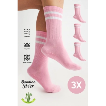 Bambu Kadın Pembe Kaydırmaz Taban Silikon Baskı Yoga Fitness Pilates Bale Dans Tenis Çorabı 3lü