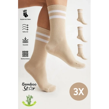 Bambu Kadın Krem Kaydırmaz Taban Silikon Baskı Yoga Fitness Pilates Bale Dans Tenis Çorabı 3lü