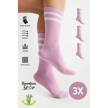 Bambu Kadın Lila Kaydırmaz Taban Silikon Baskı Yoga Fitness Pilates Bale Dans Tenis Çorabı 3lü