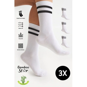 Bambu Kadın Beyaz Kaydırmaz Taban Silikon Baskı Yoga Fitness Pilates Bale Dans Tenis Çorabı 3lü