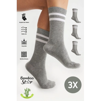 Bambu Kadın Gri Kaydırmaz Taban Silikon Baskı Yoga Fitness Pilates Bale Dans Tenis Çorabı 3lü