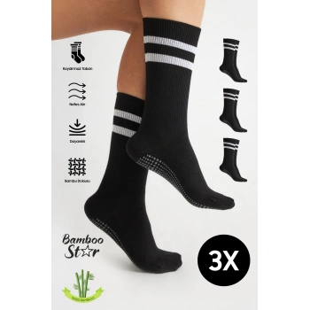 Bambu Kadın Siyah Kaydırmaz Taban Silikon Baskı Yoga Fitness Pilates Bale Dans Tenis Çorabı 3lü