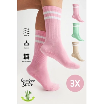 Bambu Kadın Kaydırmaz Taban Silikon Baskı Yoga Fitness Pilates Bale Dans Kaymaz Tenis Çorabı 3lü