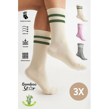 Bambu Kadın Kaydırmaz Taban Silikon Baskı Yoga Fitness Pilates Bale Dans Kaymaz Tenis Çorabı 3lü