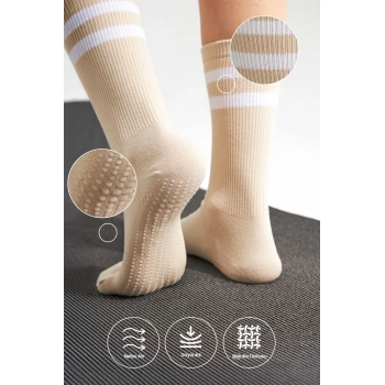 Bambu Kadın Krem Kaydırmaz Taban Silikon Baskı Yoga Fitness Pilates Bale Dans Tenis Çorabı