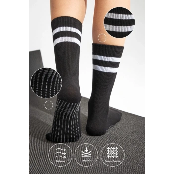 Bambu Kadın Siyah Kaydırmaz Taban Silikon Baskı Yoga Fitness Pilates Bale Dans Tenis Çorabı