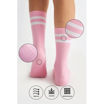 Bambu Kadın Pembe Kaydırmaz Taban Silikon Baskı Yoga Fitness Pilates Bale Dans Tenis Çorabı