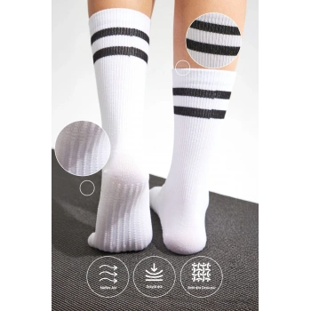 Bambu Kadın Beyaz Kaydırmaz Taban Silikon Baskı Yoga Fitness Pilates Bale Dans Tenis Çorabı